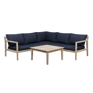 Tryton Natural Brown Wood Outdoor 4-Piece Sectional Set with Midnight Navy Blue Cushions and Coffee Table