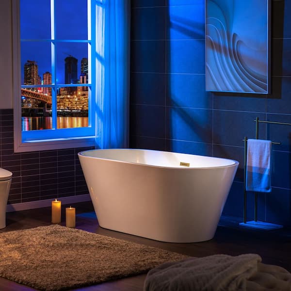 59 in. x 29.5 in. Acrylic Flat Bottom Soaking Bathtub in White with Brushed Gold Center Drain and Overflow