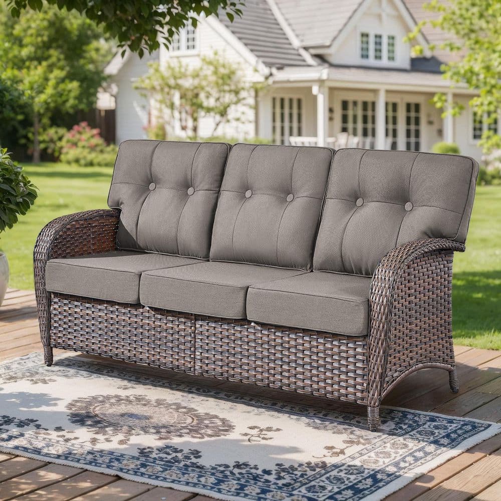 T-Frame 3-Seat Brown PE Wicker Outdoor Couch with Olefin Gray 5 in. Thick Cushions/Patio Sofa Furniture price history on PriceWatchPro