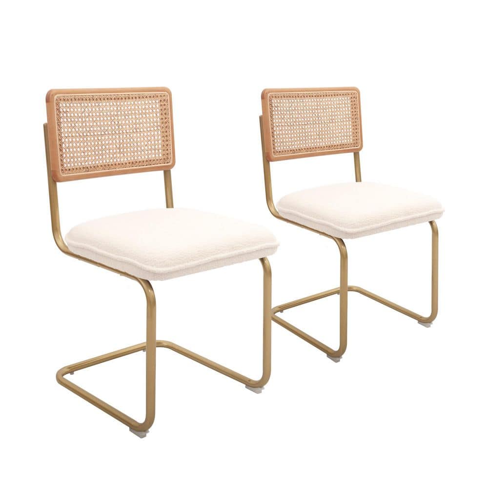 Modern Dining, Accent Rattan Kitchen, Armless Mesh Back Cane Chairs, Upholstered with Metal Chrome Legs, Set of 2, White - Thumbnail 3