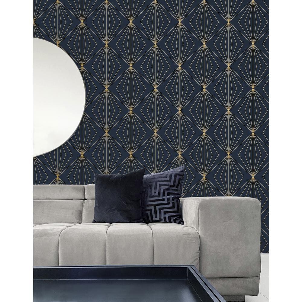 Dark Blue and Metallic Gold Geometric Peel and Stick Wallpaper
