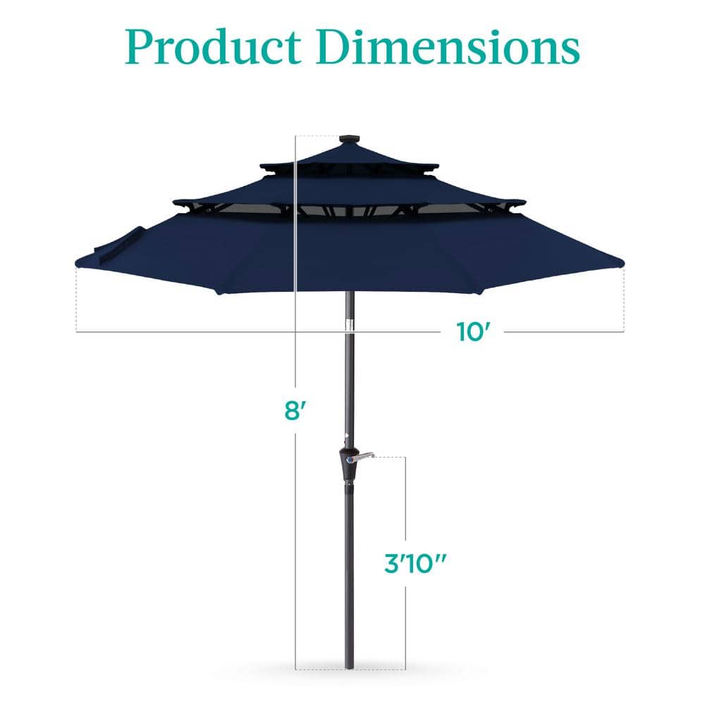 Navy 10ft 3-Tier Solar Patio Umbrella with LED Lights and Tilt Adjustment