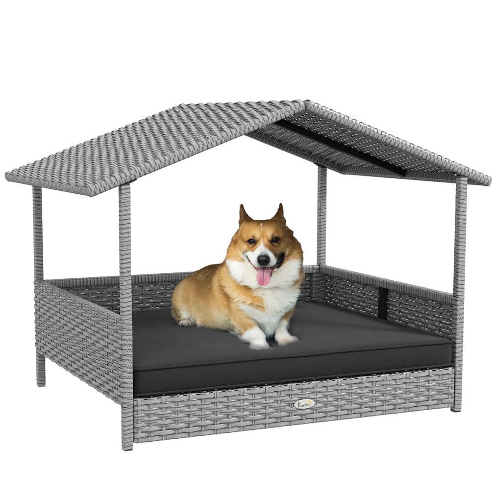 38.5 in. L x 27.25 in. W x 27.5 in. H Gray Rattan Dog Bed with Canopy and Cushion, for Small and Medium Dogs price history on PriceWatchPro