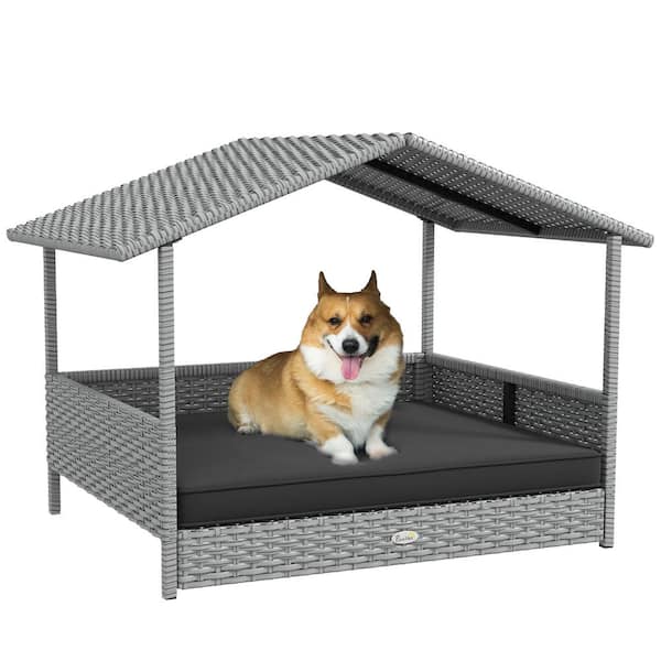 Tatayosi 38.5 in. L x 27.25 in. W x 27.5 in. H Gray Rattan Dog Bed with Canopy and Cushion, for Small and Medium Dogs