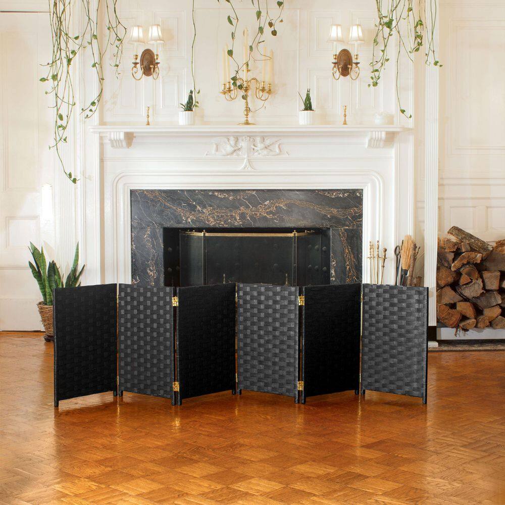 Oriental Furniture 2 ft. Short Woven Fiber Folding Screen 6 Panel Black SS2FIBERBLK6P