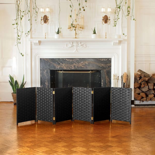 Oriental Furniture 2 ft. Short Woven Fiber Folding Screen - 6 Panel - Black