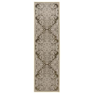 Imperial Gold/Beige 2 ft. x 8 ft.Two-Tone Center Oriental Medallion Polyester Indoor Runner Area Rug