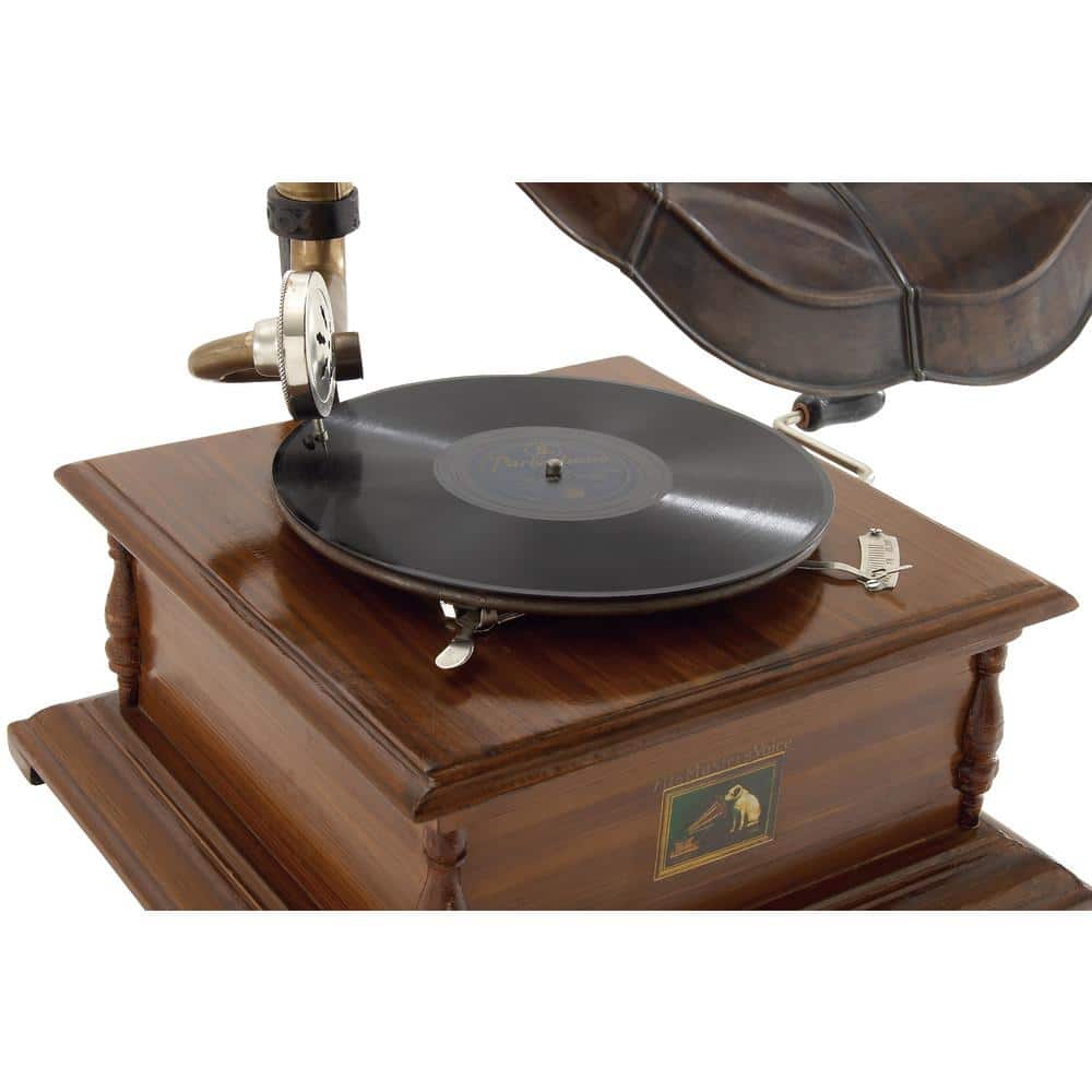 Vintage Brown Wood and Metal Gramophone with Record