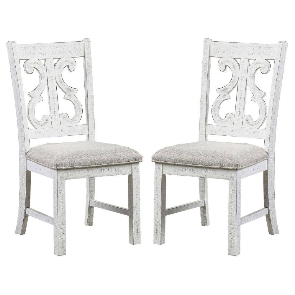 Elegant Linen Upholstered White Wood Side Chair with Open Scroll Back - Set of 2