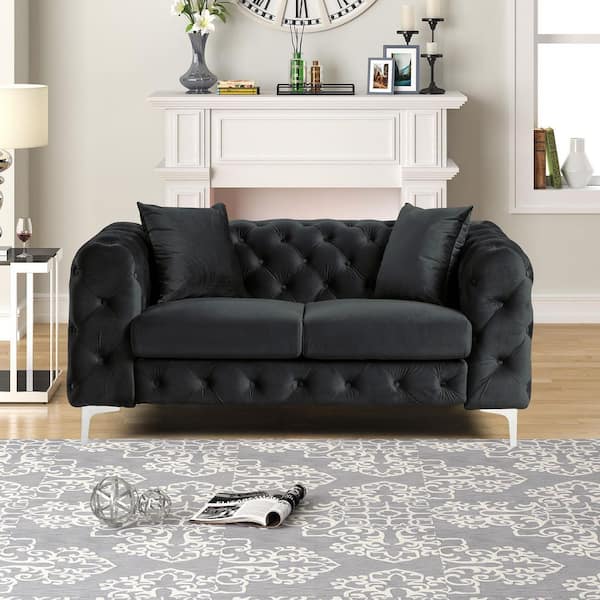 Morden Fort Modern Contemporary 62 in. Love Seat with Deep Button Tufting Dutch Velvet, Solid Wood Frame and Iron Legs in Black