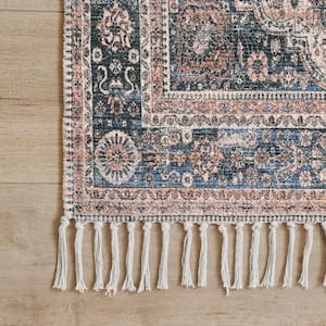 Chinille Fringe Machine Washable Blue/Rust2 ft. x 5 ft. Medallion Accent Area Rug