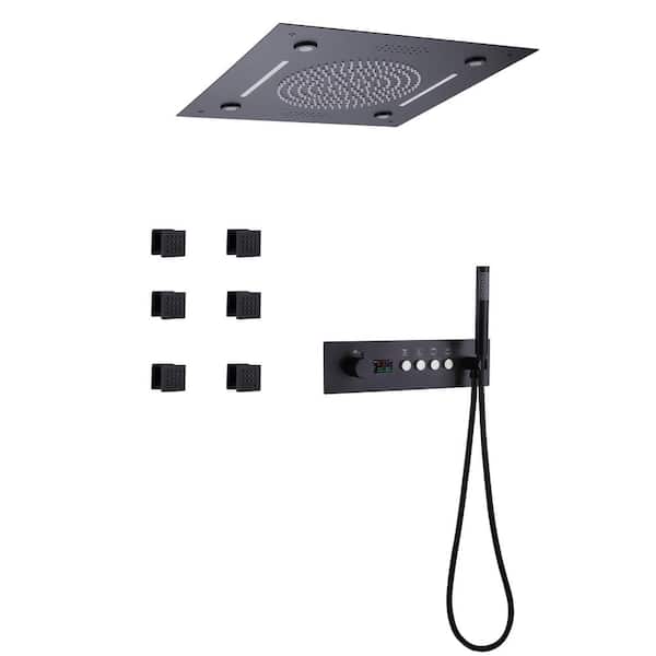 Tomfaucet Luxury LED Thermostatic Single-Handle 4-Spray Patterns Ceiling Mount Shower Faucet in Matte Black (Valve Included)
