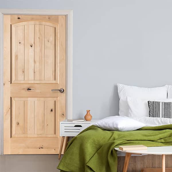 30 in. x 80 in. Knotty Alder 2 Panel Top Rail Arch with V-Groove Solid Wood Core Interior Door Slab 30 in. x 80 in. Knotty Alder 2 Panel Top Rail Arch with V-Groove Solid Wood Core Interior Door Slab