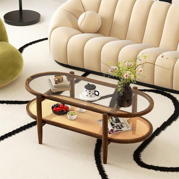 2-Tier 40 in. Brown Oval Tempered Glass Top Coffee Table with PE Rattan Shelf And Acacia Wood Frame
