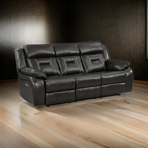 Benjara 86 in. Pillow Top Arm Faux Leather Rectangle Power Dual Recliner Sofa in Gray and Black