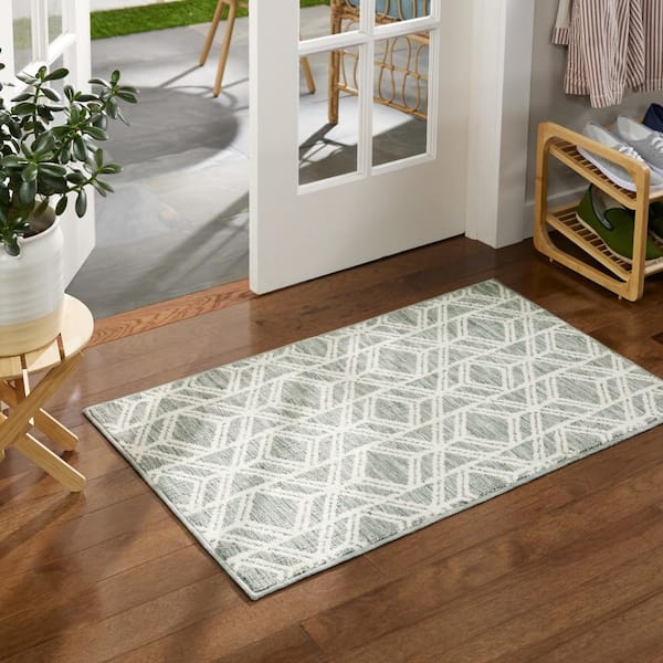 Everyday Walker Modern Diamond Sage Green 24 in. x 40 in. Machine Washable Kitchen Mat