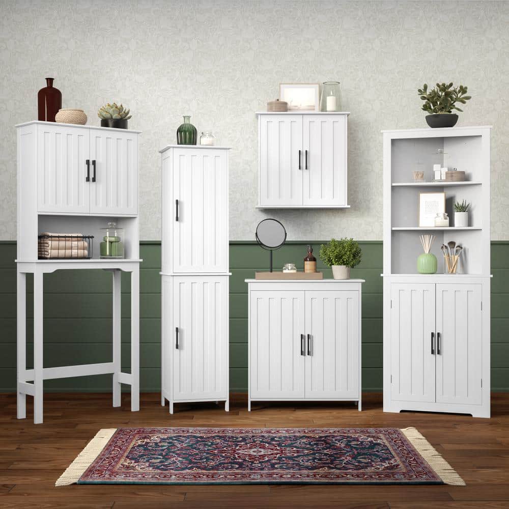 White MDF Storage Cabinet with Adjustable Shelves and Black Handles