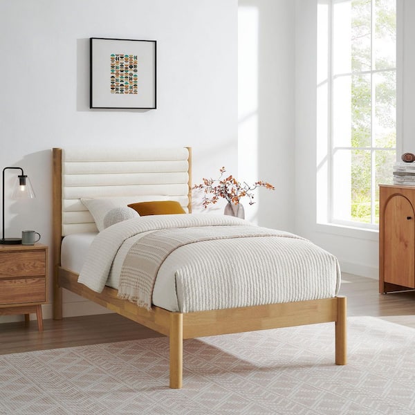 Olea Feather Oak Brown Solid Wood Frame Twin Platform Bed with Channel Tufted Boucle Fabric Headboard