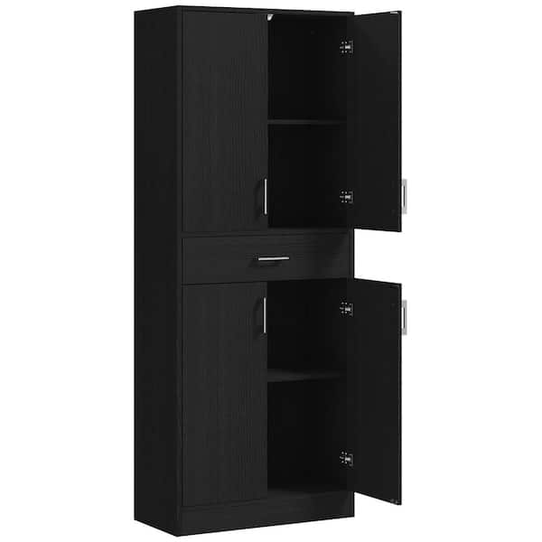 71 in. Wood Pantry Organizer with Double Door Cupboards, Drawer and Adjustable Shelf in Distressed Black