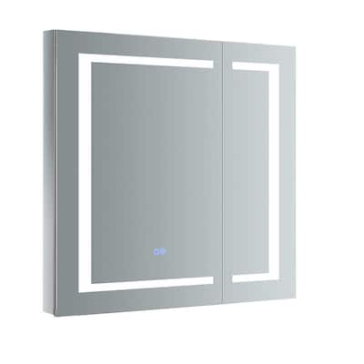 Spazio 30 in. W x 30 in. H Recessed or Surface Mount Medicine Cabinet with LED Lighting and Mirror Defogger