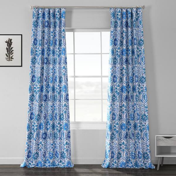 Exclusive Fabrics & Furnishings Rio Blue Printed Linen Textured Blackout Curtain - 50 in. W x 108 in. L (1-Panel)