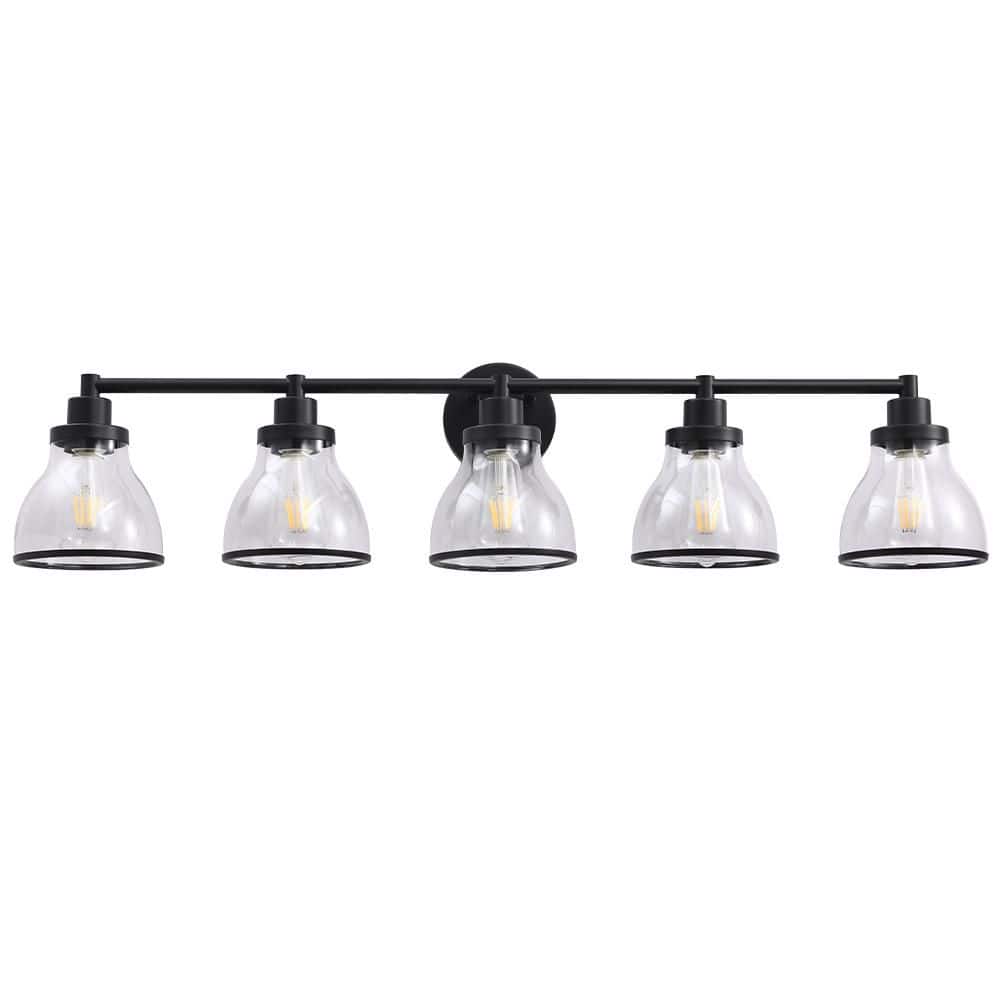 Sun 39 in. 5-Lights Matt Black Bathroom Vanity Light with Clear Glass Shade