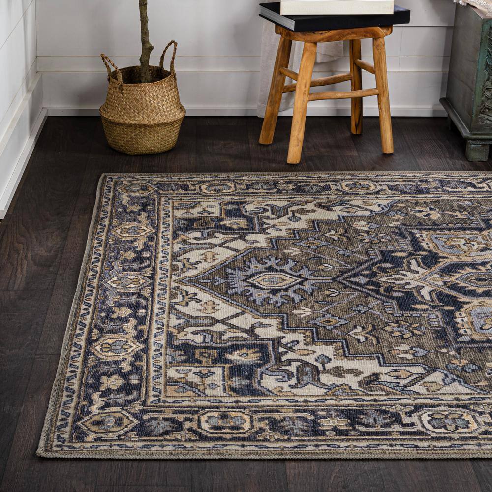 Cirali Green Navy Cream Washable Medallion Area Rug 4' x 6'