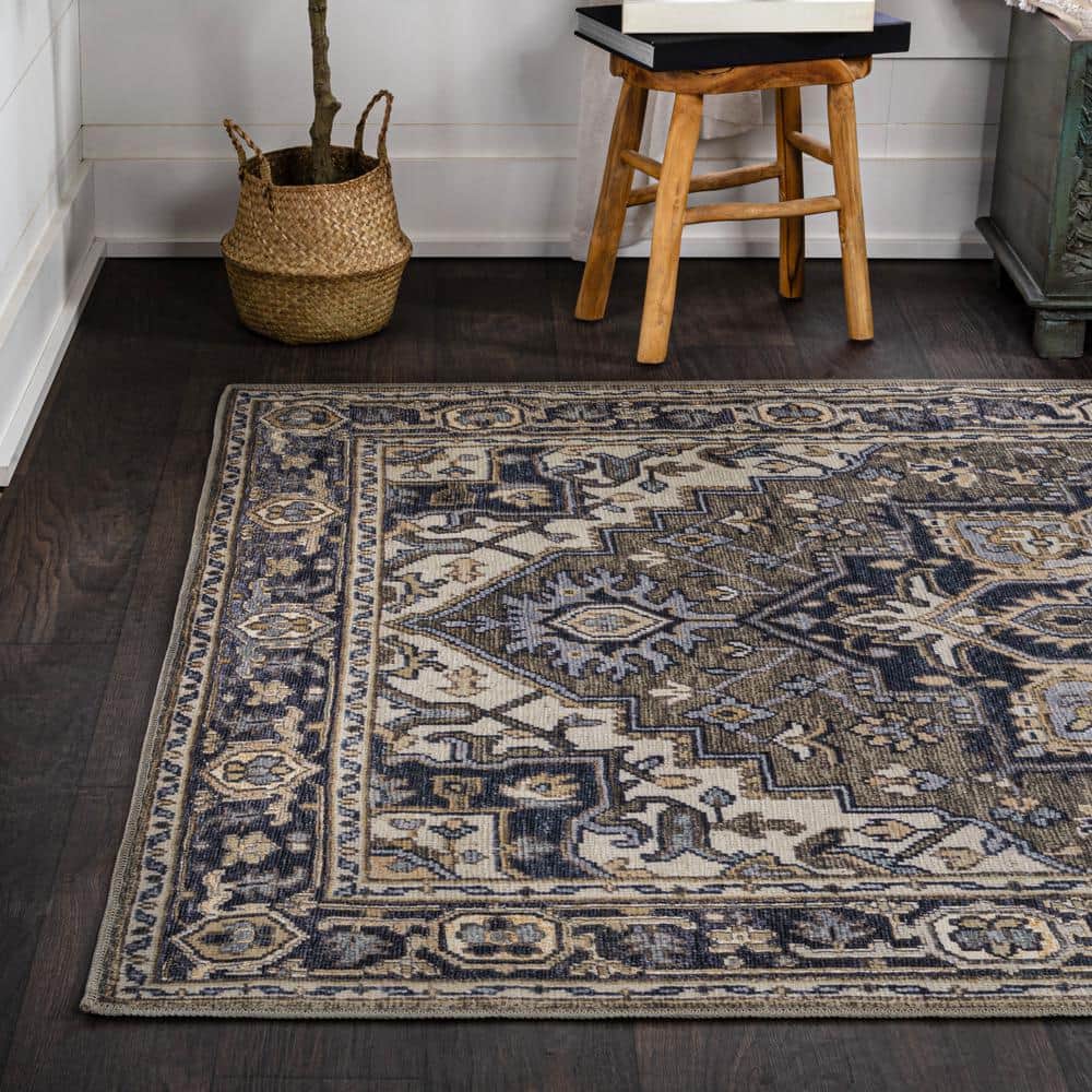 Cirali Green and Navy Medallion Washable Chenille Area Rug 8' x 10'