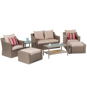 Brown 8-Piece Wicker Outdoor Sectional Set with Tan Cushions and Glass Table
