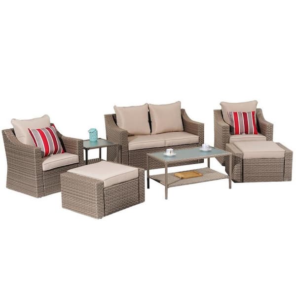 Cesicia Brown 8-Piece Wicker Outdoor Sectional Set with Tan Cushions and Glass Table