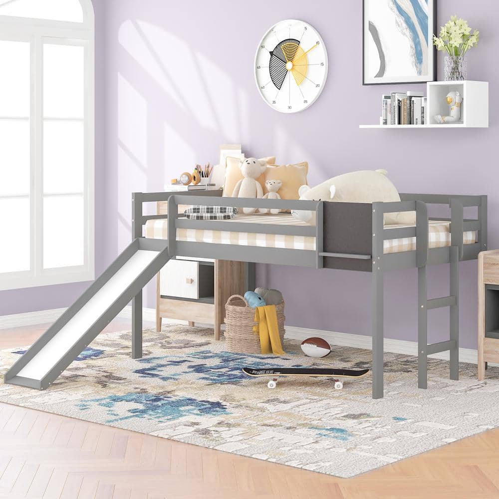 Gray Twin Size Loft Bed Wood Bed with Slide, Stair and Chalkboard