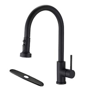 ABAD Single Handle Deck Mount Gooseneck Pull Down Sprayer Kitchen Faucet with Deckplate in Matte black