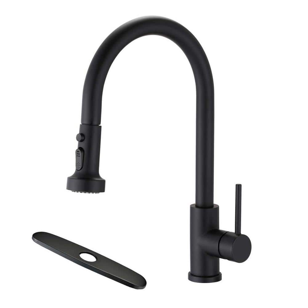 ABA Single Handle Deck Mount Gooseneck Pull Down Sprayer Kitchen Faucet with Deckplate in Matte black price history on PriceWatchPro