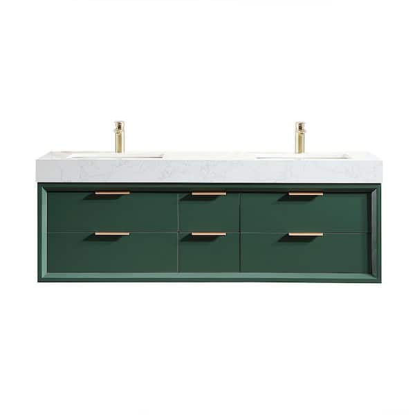 60 in. W x 20.8 in. D x 21.3 in. H Wall Mounted Floating Wood Bath Vanity Cabinet in Green with White Stone Resin Top