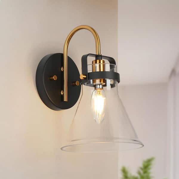 Uolfin Modern Black & Gold Wall Sconce Light, 1-light Industrial Bathroom Wall Light with Clear Glass Shade for Bedroom