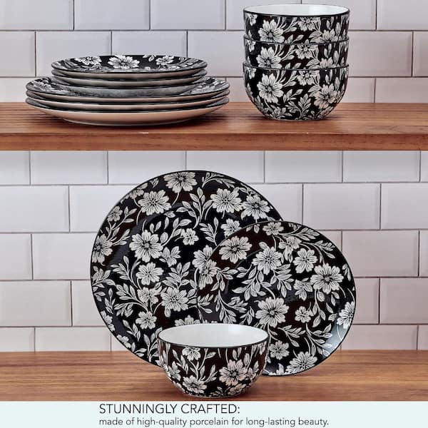 Pfaltzgraff Midnight Blooms 12 Piece Floral Porcelain Dinnerware