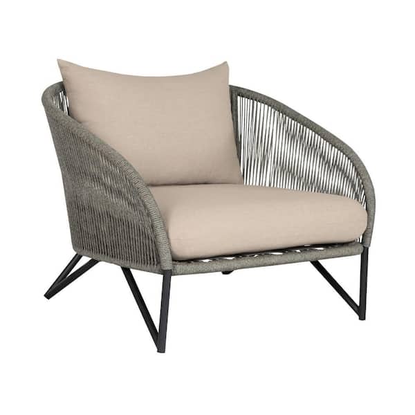 Benjara Jax Gray Rope Frame Outdoor Lounge Chair with Taupe Olefin Cushions