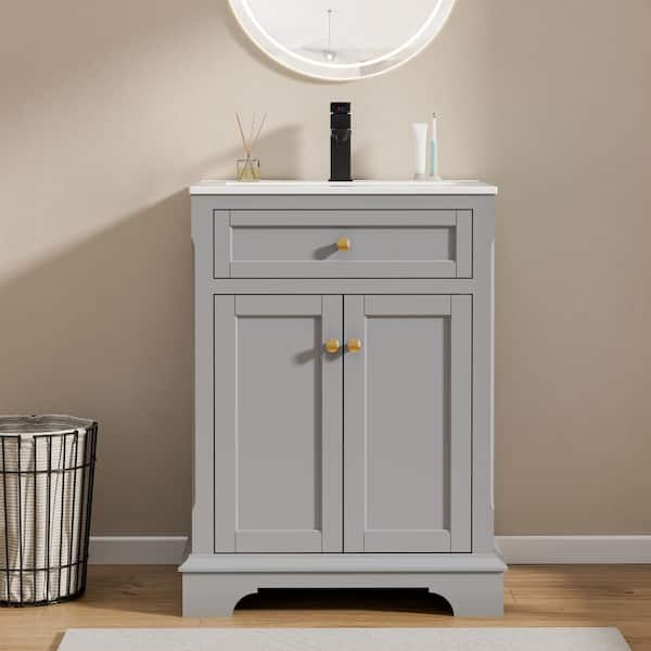 eclife 24 in. W x 18.7 in. D x 34 in. H 1-Sink Freestanding Bath Vanity in Gray With White Ceramic Top and Drain Faucet Set