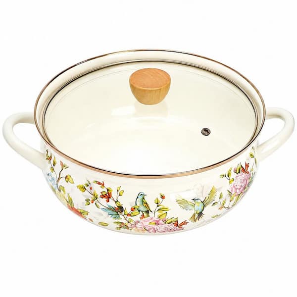 4.2 qt. Vintage Floral Enamel Stock Pot with Glass Lid and Cool-Touch Wooden Handle, Induction Compatible