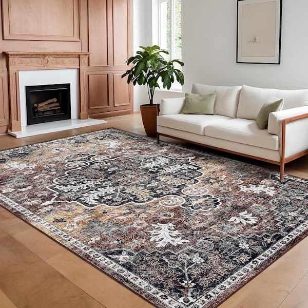 Ultra Thin Washable Red Brown 8 ft. x 10 ft. Vintage Printed Carpet Foldable Indoor Decorative Carpet Area Rug