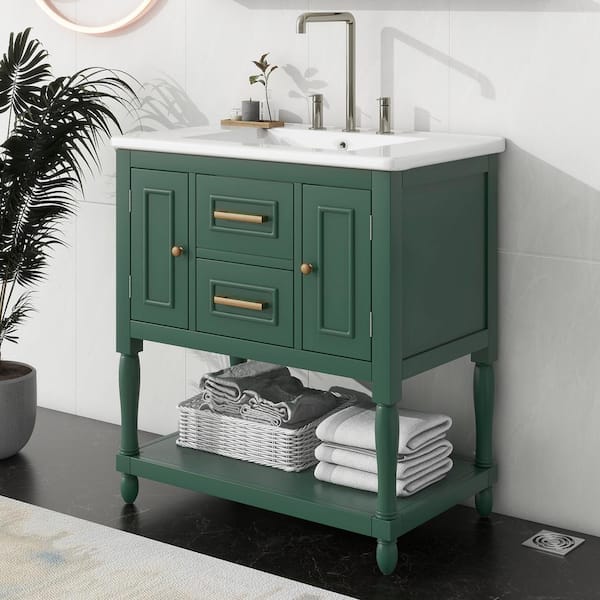 Unbranded 30 in. W x 18 in. D x 32.5 in. H Single Sink Freestanding Bath Vanity in Green with White Ceramic Top