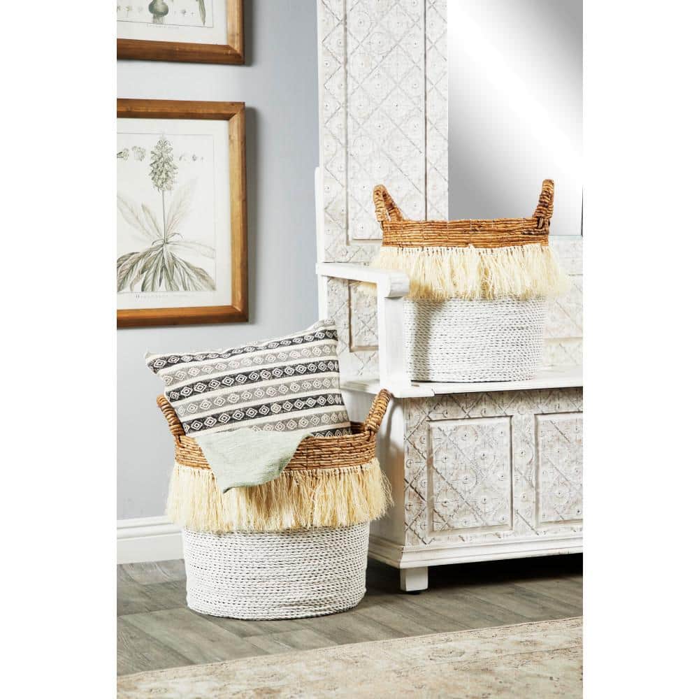 White and Natural Seagrass Round Storage Basket Set