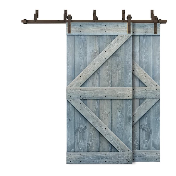 CALHOME 68 in. x 84 in. K-Bypass Denim Blue Stained DIY Solid Wood Interior Double Sliding Barn Door with Hardware Kit