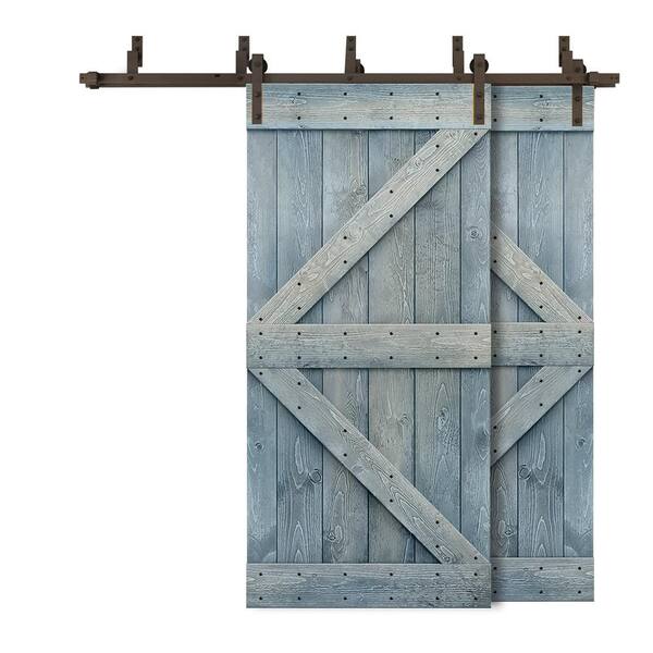 CALHOME 88 in. x 84 in. K-Bypass Denim Blue Stained DIY Solid Wood Interior Double Sliding Barn Door with Hardware Kit