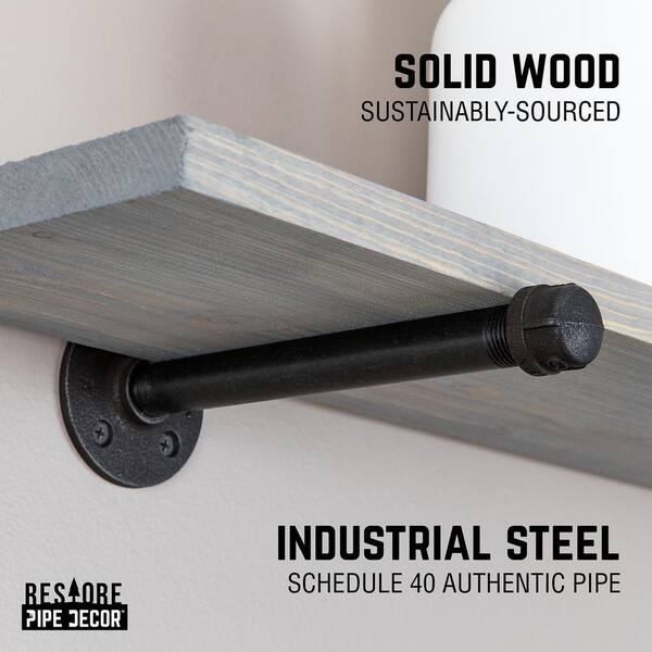 PIPE DECOR 36 in. x 12 in. 18 in. Riverstone Grey Solid Wood Decorative  Industrial Wall Shelf With Hanging Rod 370 PDMWDSH36RG - The Home Depot