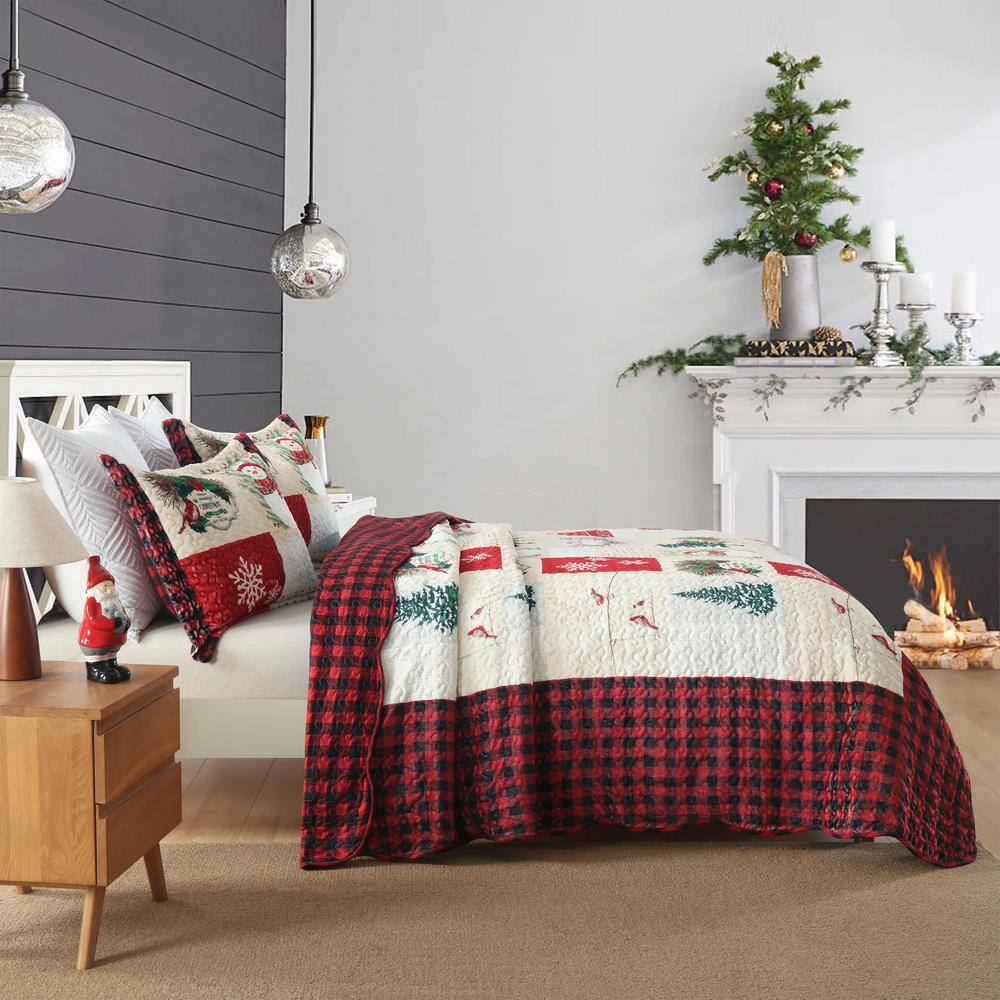Queen Red Velvet Reversible Christmas Quilt Set