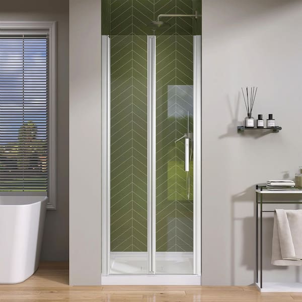 32 to 33.25 in. W x 72 in. H Bifold Semi-Frameless Pivot Swing Hinged Shower Panel in Chrome with Clear Glass