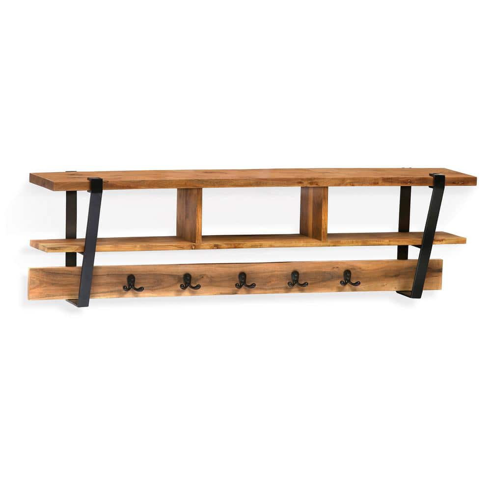 Ryegate Natural Acacia Wood Wall Shelf with Black Metal Hooks