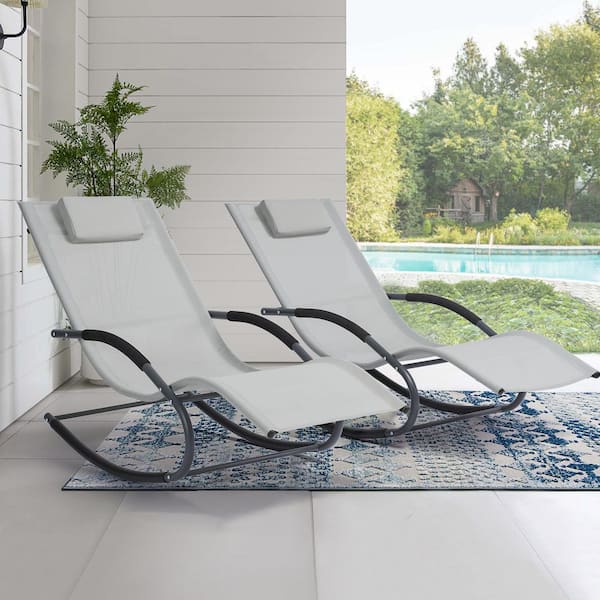 Atesun Sling Outdoor Patio Chaise Lounge with Detachable Pillow, Set of 2, Light Gray