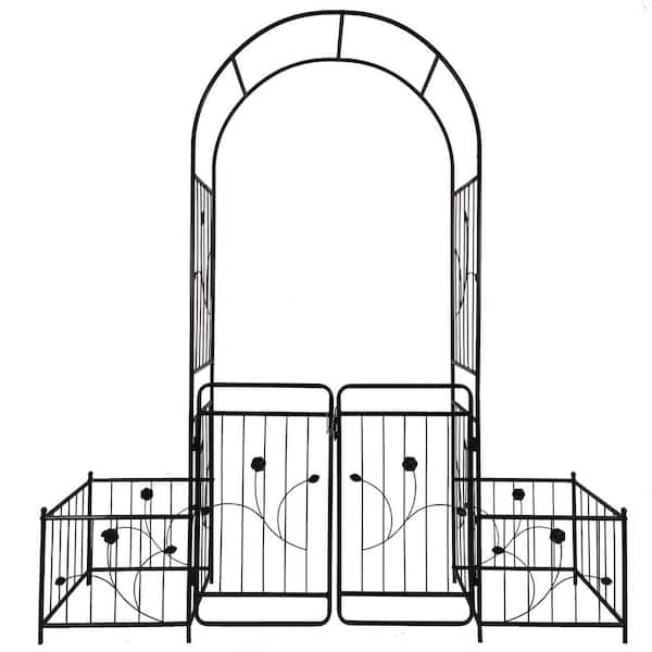 79.5 in. x 86.6 in. Metal Garden Arch with Gate, Metal Trellis Archway for Climbing Plants Wedding, Black